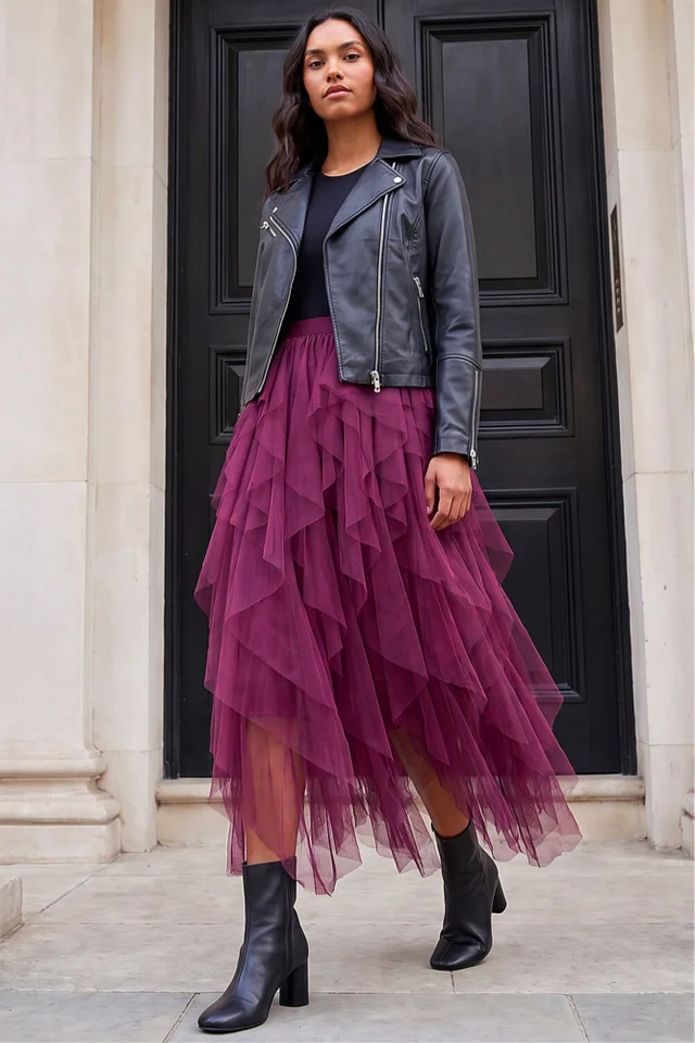 Roman Burgundy Elasticated Mesh Layered Skirt