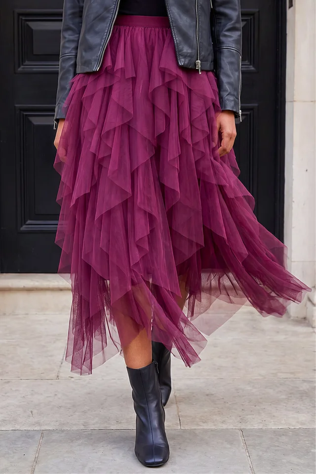 Roman Burgundy Elasticated Mesh Layered Skirt