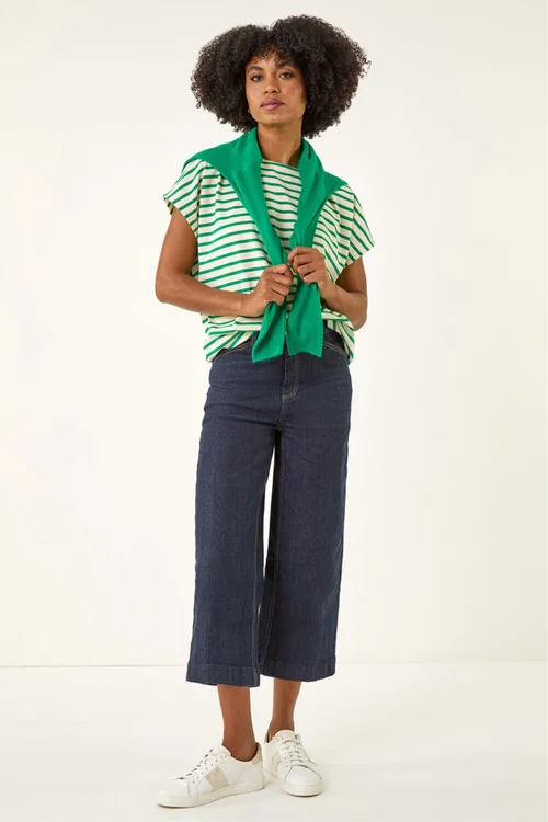 Roman Indigo Wide Leg Stretch Cropped Denim Culottes - 10 Image 2