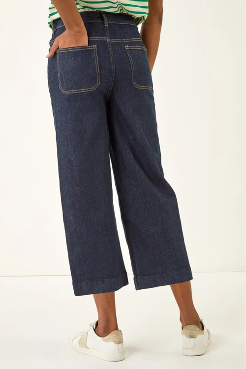 Roman Indigo Wide Leg Stretch Cropped Denim Culottes - 10 Image 3
