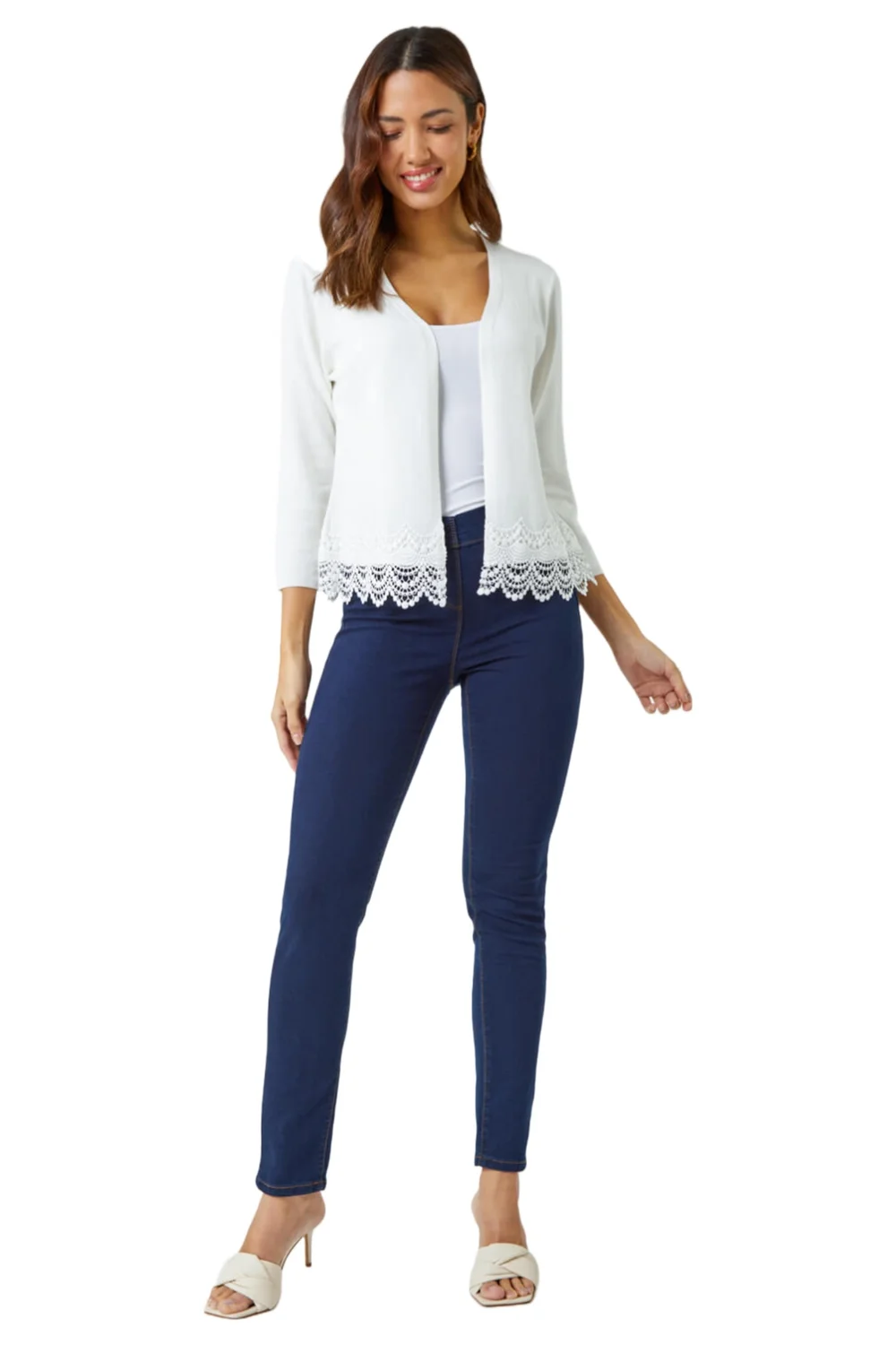 Roman Ivory Scalloped Lace Trim Knitted Shrug - Size 10 Image 1