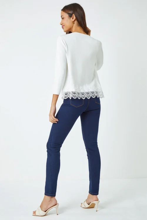 Roman Ivory Scalloped Lace Trim Knitted Shrug - Size 10 Image 3