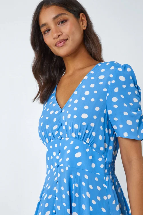 Roman Light Blue Polka Dot Ruched Sleeve Midi Dress - Size 10 Image 4