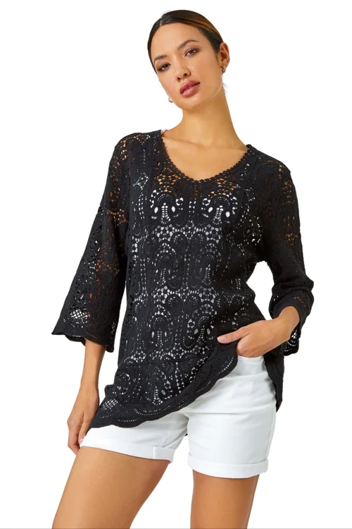 Roman Black Cotton Crochet Tunic Top - Size 14 Image 1
