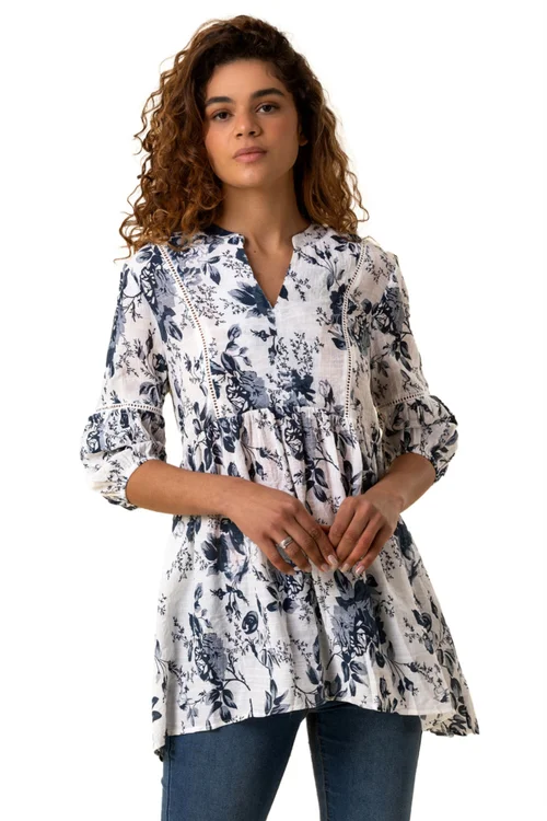 Roman Blue Floral Print Notch Neck Top - Size 14 Image 1