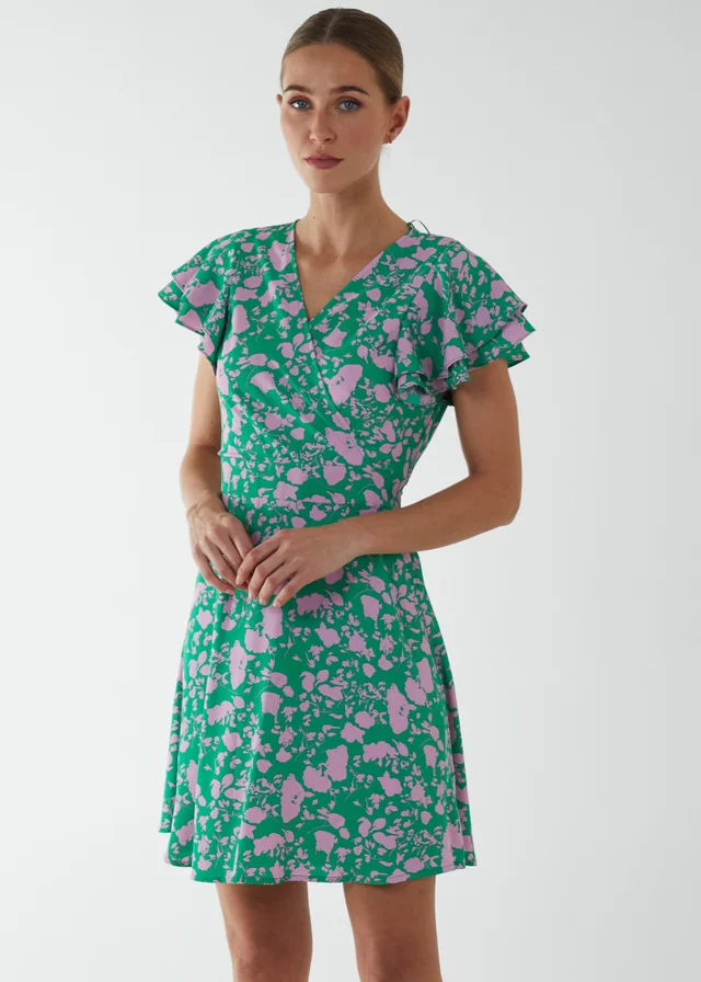 Blue Vanilla Green Wrap Ruffle Mini Dress