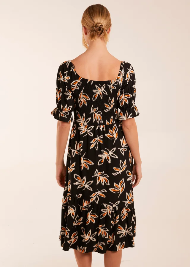 Blue Vanilla Black Tiered Puff Sleeve Abstract Print Shirred Midi Dress
