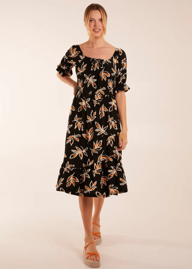 Blue Vanilla Black Tiered Puff Sleeve Abstract Print Shirred Midi Dress