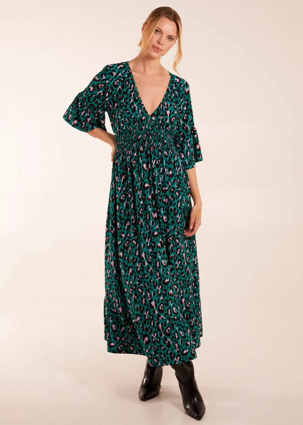 Blue Vanilla Teal Elasticated Neck Shirred Waist Midi Dress - M Image 1