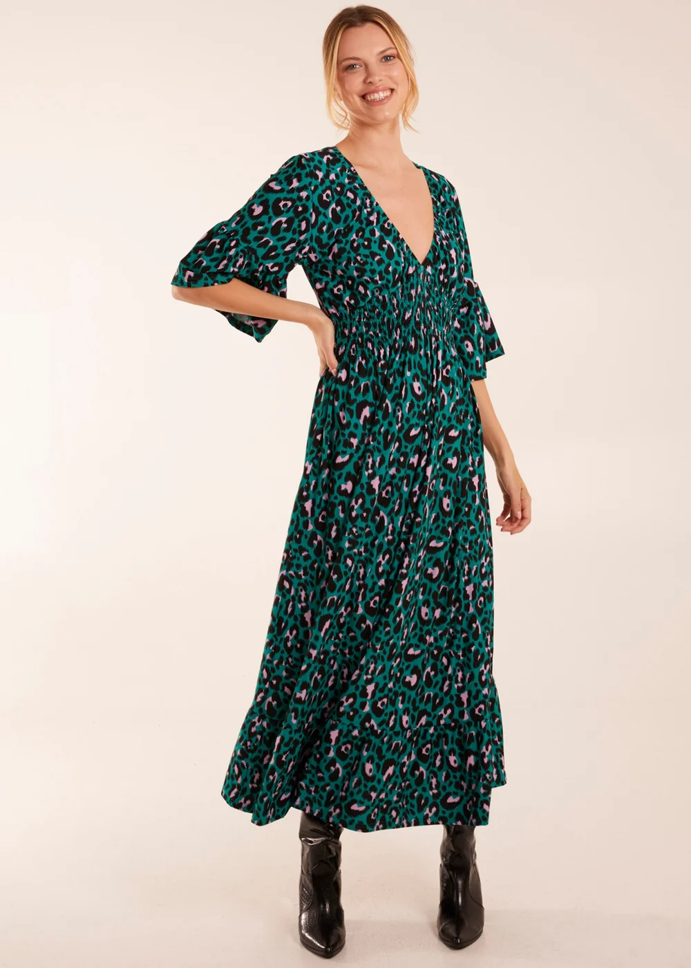 Blue Vanilla Teal Elasticated Neck Shirred Waist Midi Dress - M Image 4