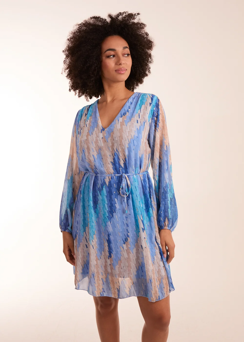 Blue Vanilla Blue Zig Zag Printed Belted Dress - S/M Image 1