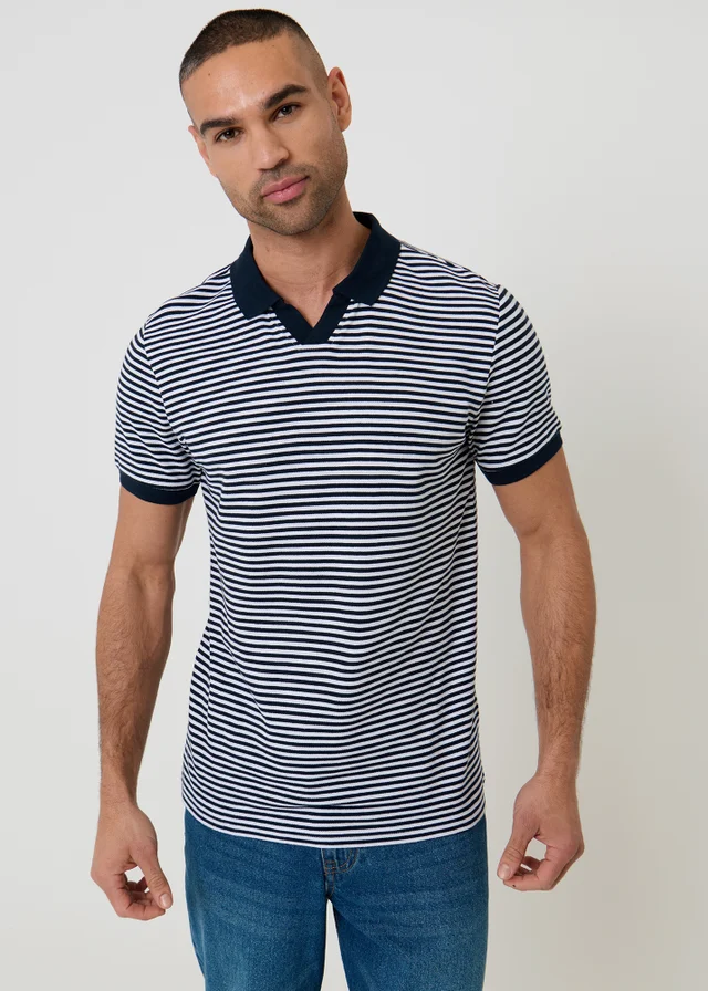 Threadbare Navy Open Collar Striped Pique Polo Shirt