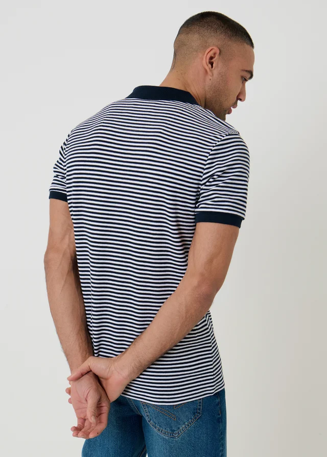 Threadbare Navy Open Collar Striped Pique Polo Shirt