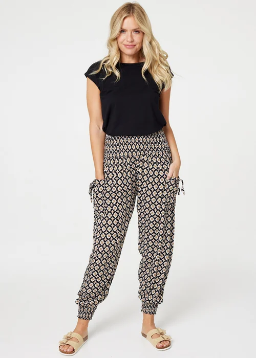 Izabel London Black Mosaic Print Shirred Harem Pants - 10 Image 4