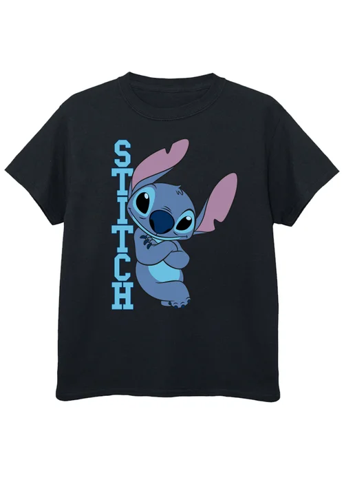 Disney Stitch Posing Girls Black Printed T-Shirt (3-13yrs) - Age 9-10 Years Image 1