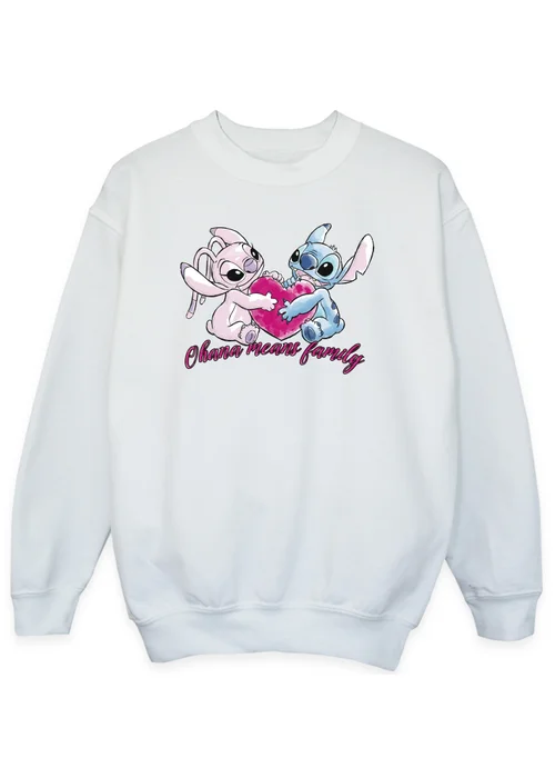 Disney Stitch Ohana Heart With Angel Girls White Printed Sweatshirt (3-13 yrs) - 7-8 Yrs Image 1