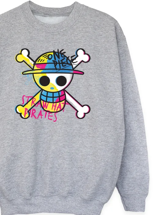 One Piece Kids Grey Straw Hat Pirate Sweatshirt (3-13 yrs) - 7-8 Yrs Image 2