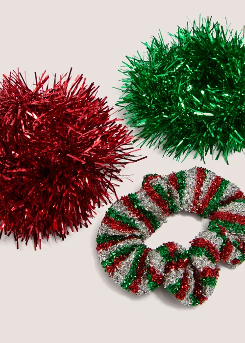 3 Pack Multicoloured Tinsel Scrunchies - One Size Image 2