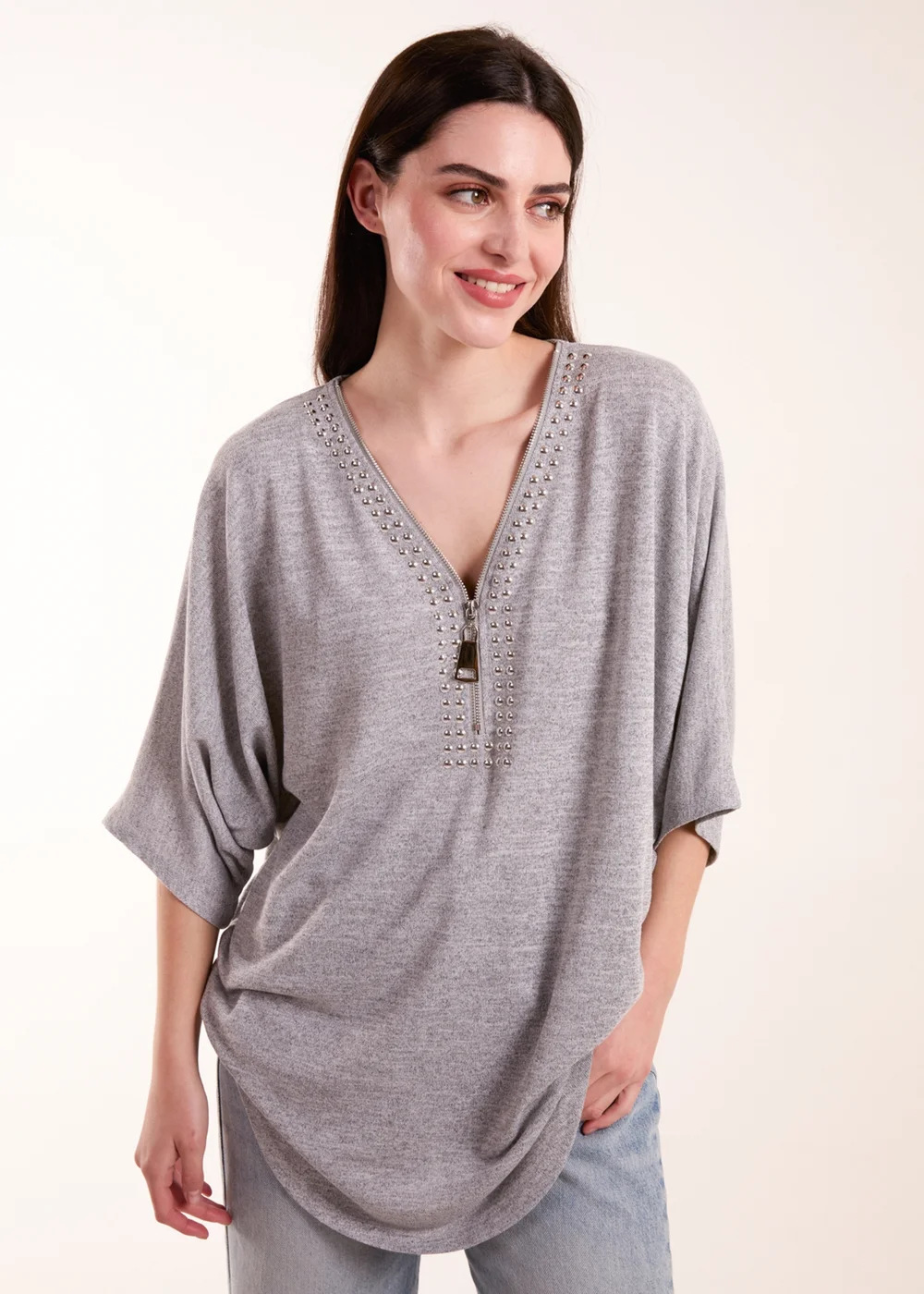 Blue Vanilla Grey Studded Zip Front Top - Medium/Large Image 1