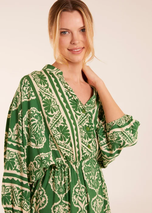 Blue Vanilla Green Abstract V-Neck Tiered Maxi Dress - M Image 3