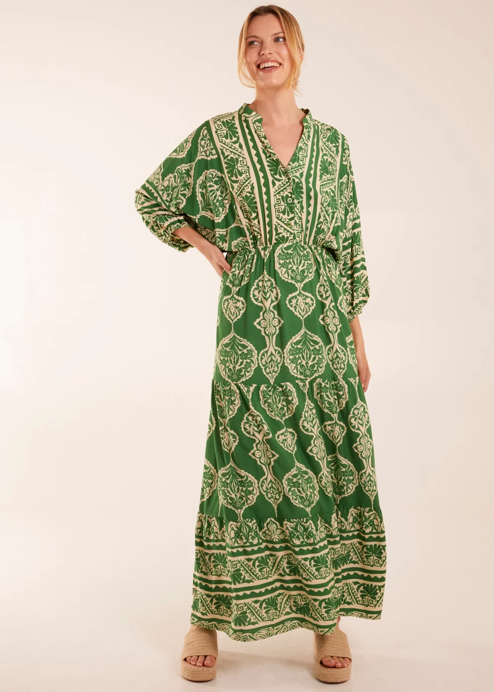 Blue Vanilla Green Abstract V-Neck Tiered Maxi Dress - M Image 4