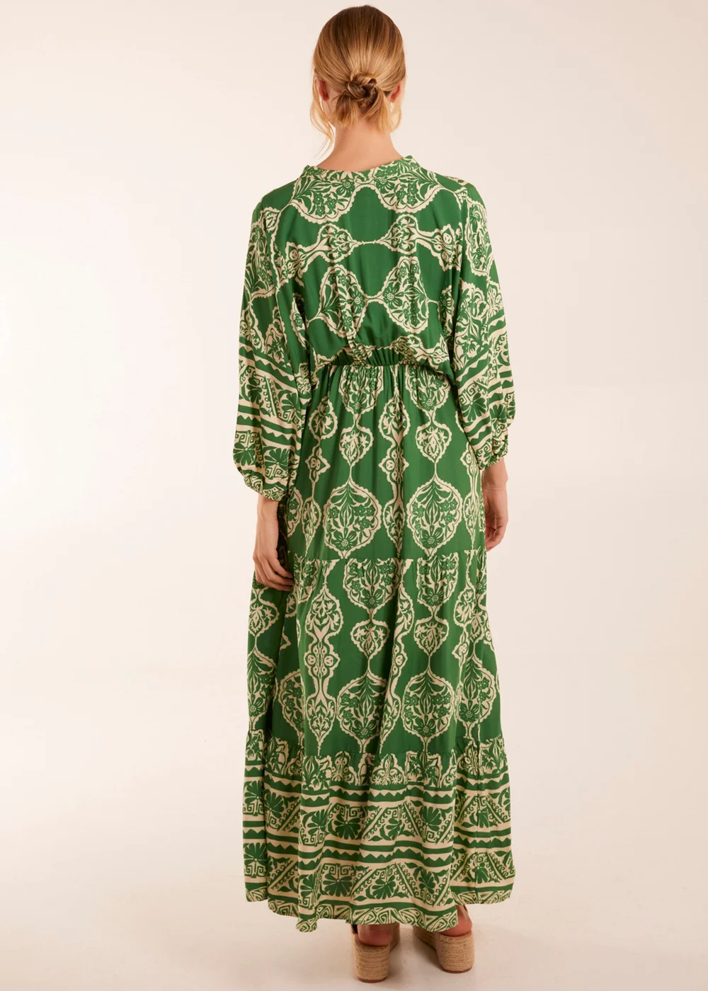 Blue Vanilla Green Abstract V-Neck Tiered Maxi Dress - M Image 2