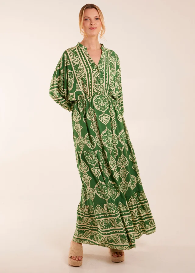 Blue Vanilla Green Abstract V-Neck Tiered Maxi Dress