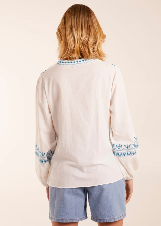 Blue Vanilla Ivory Full Sleeve Embroidered Blouse