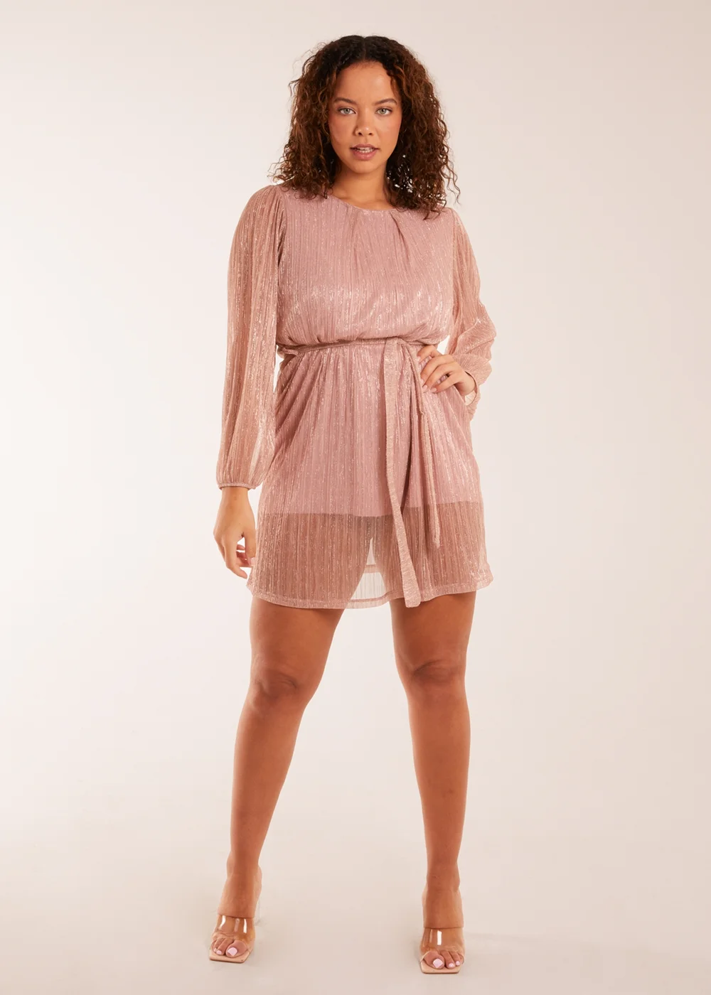 Blue Vanilla Pink Metallic Plisse Belted Dress - One Size Image 4