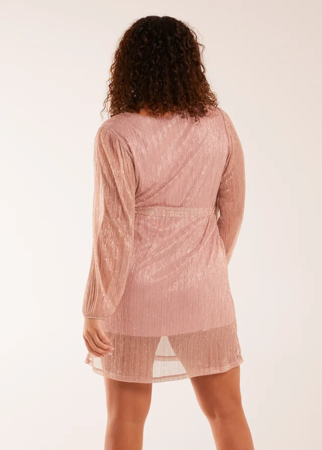 Blue Vanilla Pink Metallic Plisse Belted Dress