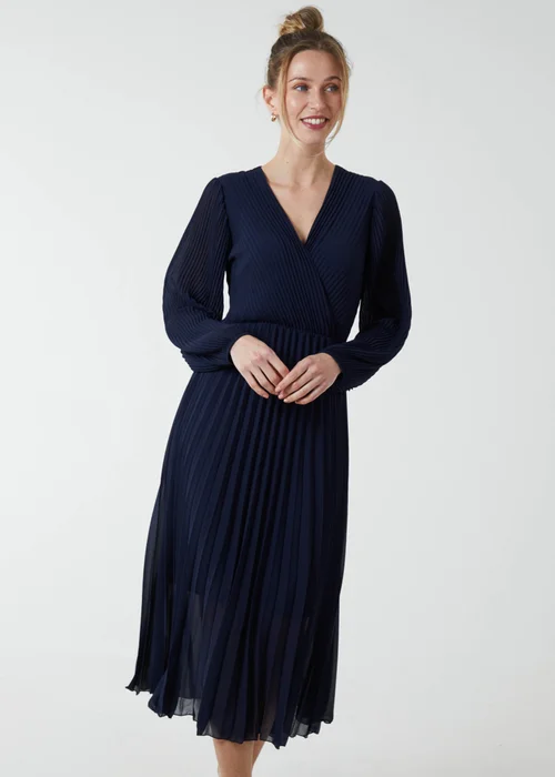 Blue Vanilla Navy Pleated V-Neck Dress - S/M Image 4