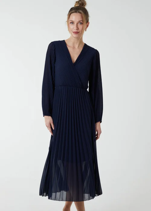 Blue Vanilla Navy Pleated V-Neck Dress - S/M Image 1