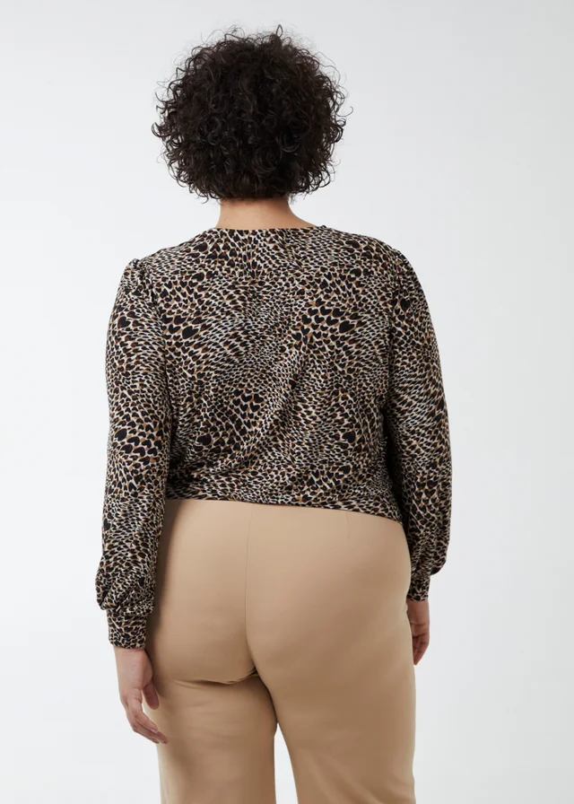 Blue Vanilla Brown Curve Wrap Front Deep Hem Band Top