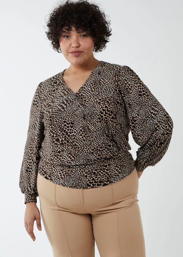 Blue Vanilla Brown Curve Wrap Front Deep Hem Band Top