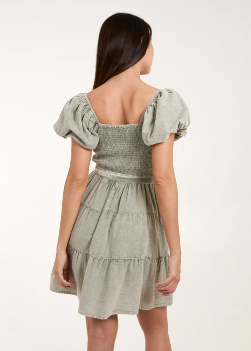 Blue Vanilla Khaki Washed Puff Sleeve Mini Dress - 8 Image 2