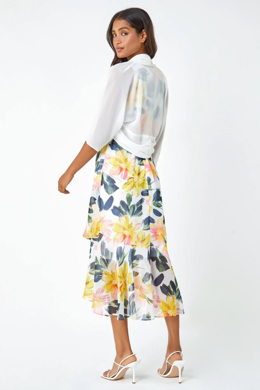 Roman Ivory 3/4 Sleeve Ruched Hem Chiffon Bolero - Size 14 Image 3