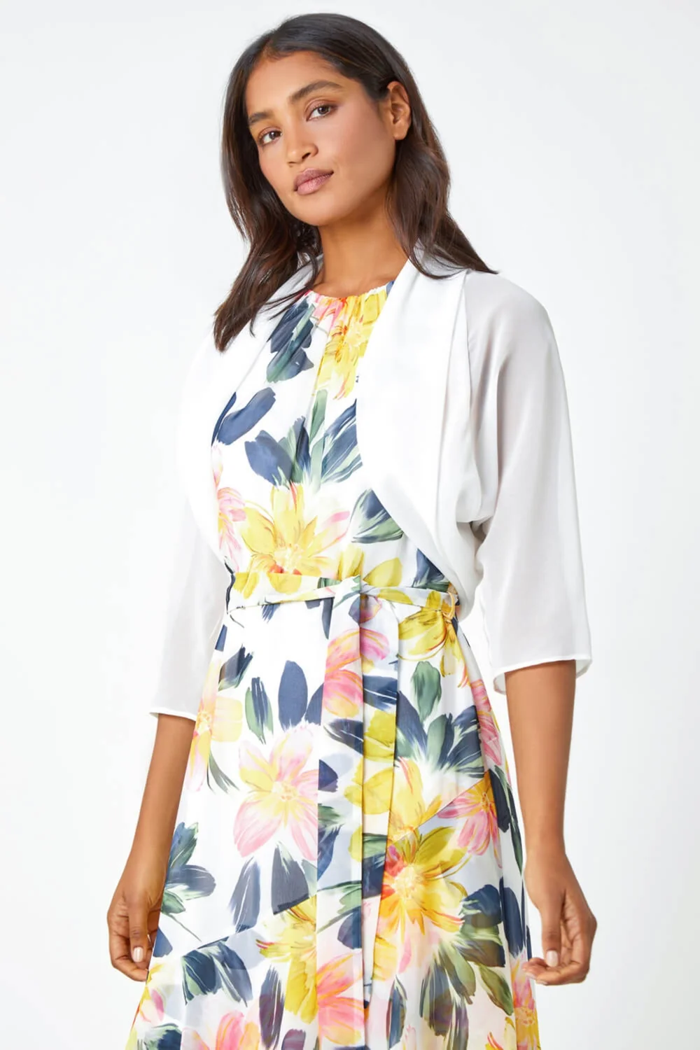 Roman Ivory 3/4 Sleeve Ruched Hem Chiffon Bolero - Size 14 Image 4