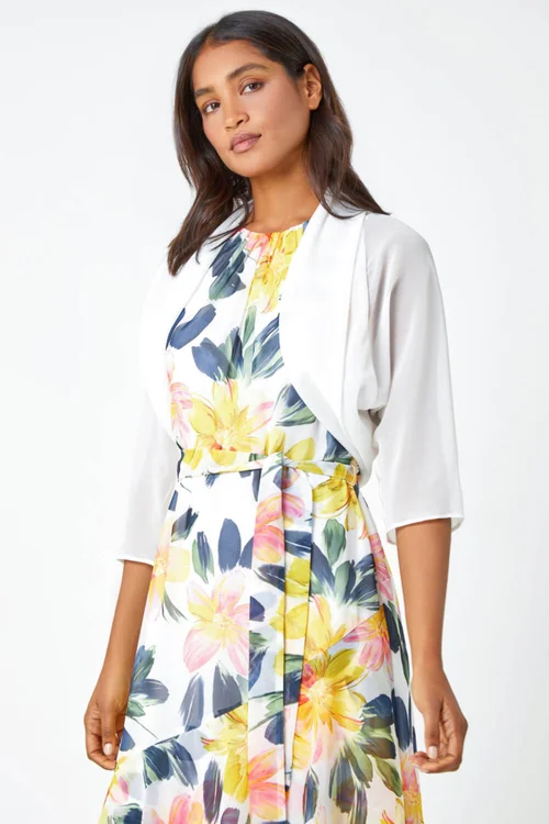 Roman Ivory 3/4 Sleeve Ruched Hem Chiffon Bolero - Size 14 Image 4