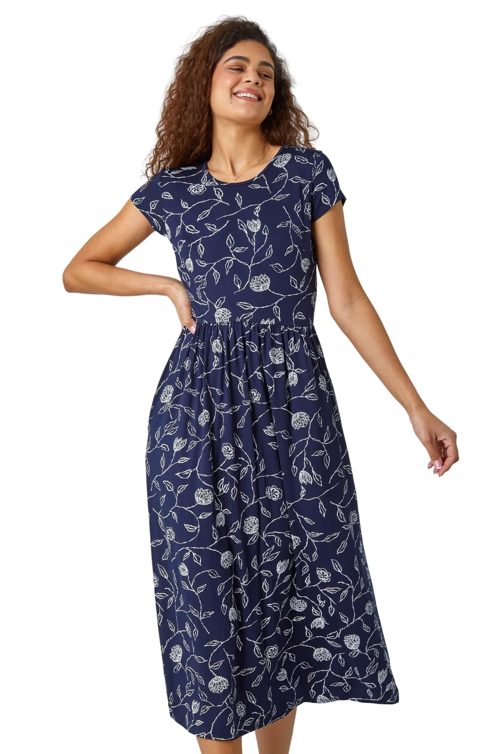 Roman Navy Floral Print Midi Stretch Dress - Size 20 Image 1