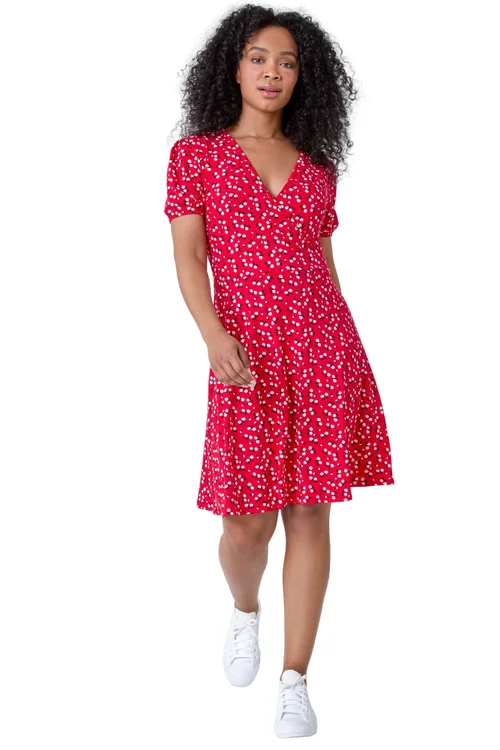 Roman Red Petite Ditsy Wrap Stretch Dress - 16 Image 1