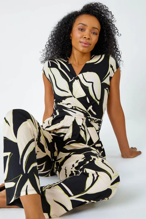 Roman Black Petite Leaf Print Stretch Jumpsuit - Size 14 Image 2