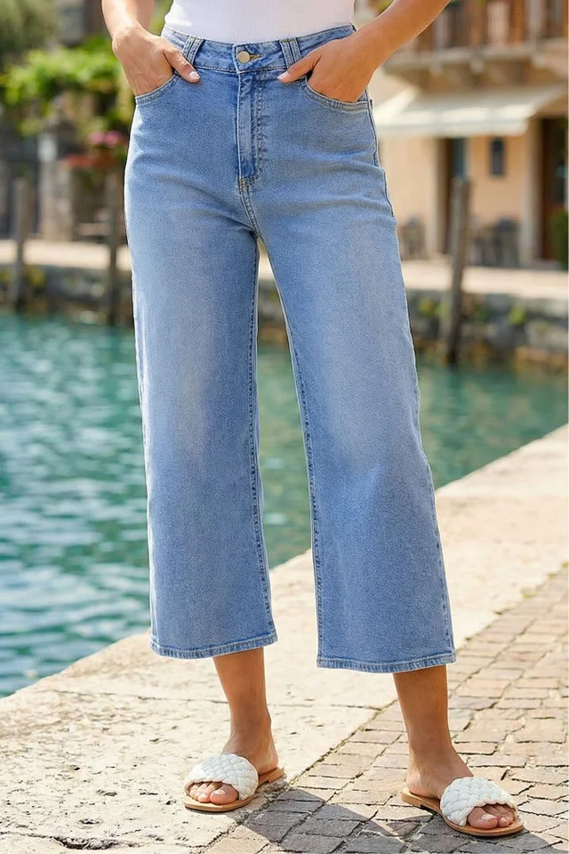 Roman Dusk Blue Denim Stretch Wide Leg Culottes