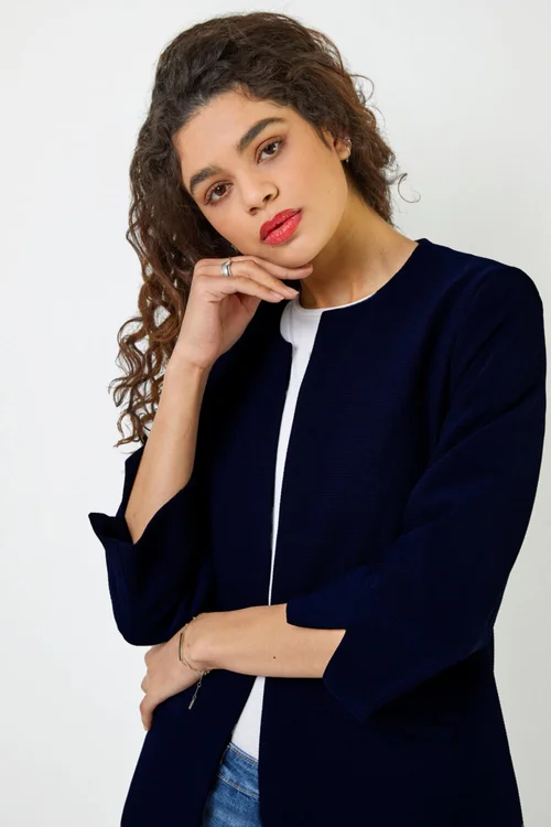 Roman Navy 3/4 Sleeve Textured Longline Smart Jacket - 20 Image 4