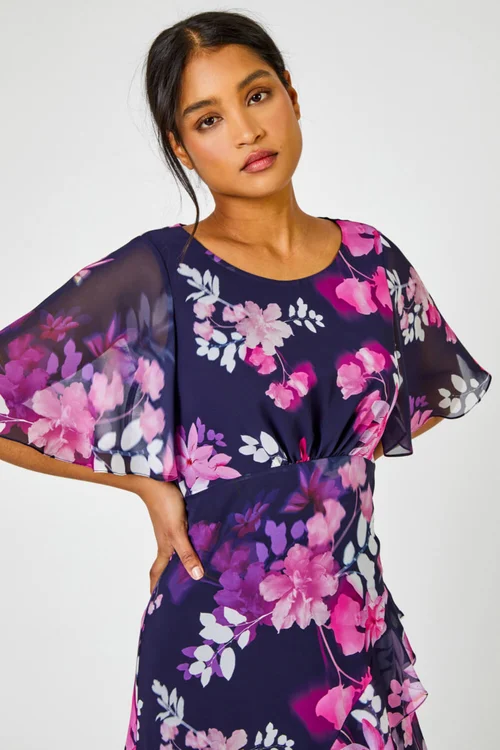 Roman Navy Floral Chiffon Frill Asymmetric Midi Dress - 14 Image 4