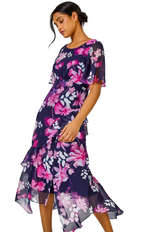 Roman Navy Floral Chiffon Frill Asymmetric Midi Dress - 14 Image 1