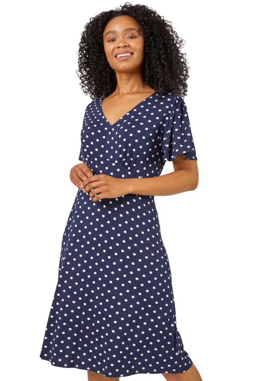 Roman Navy Petite Spot Print Stretch Jersey Dress - Size 8 Image 1