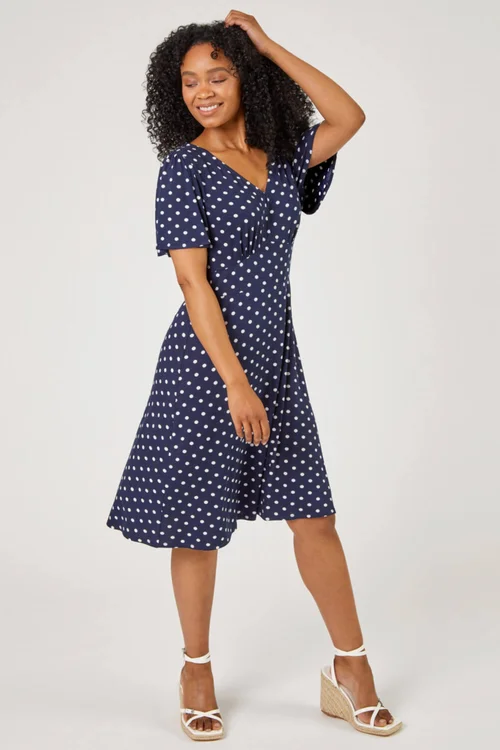 Roman Navy Petite Spot Print Stretch Jersey Dress - Size 8 Image 3