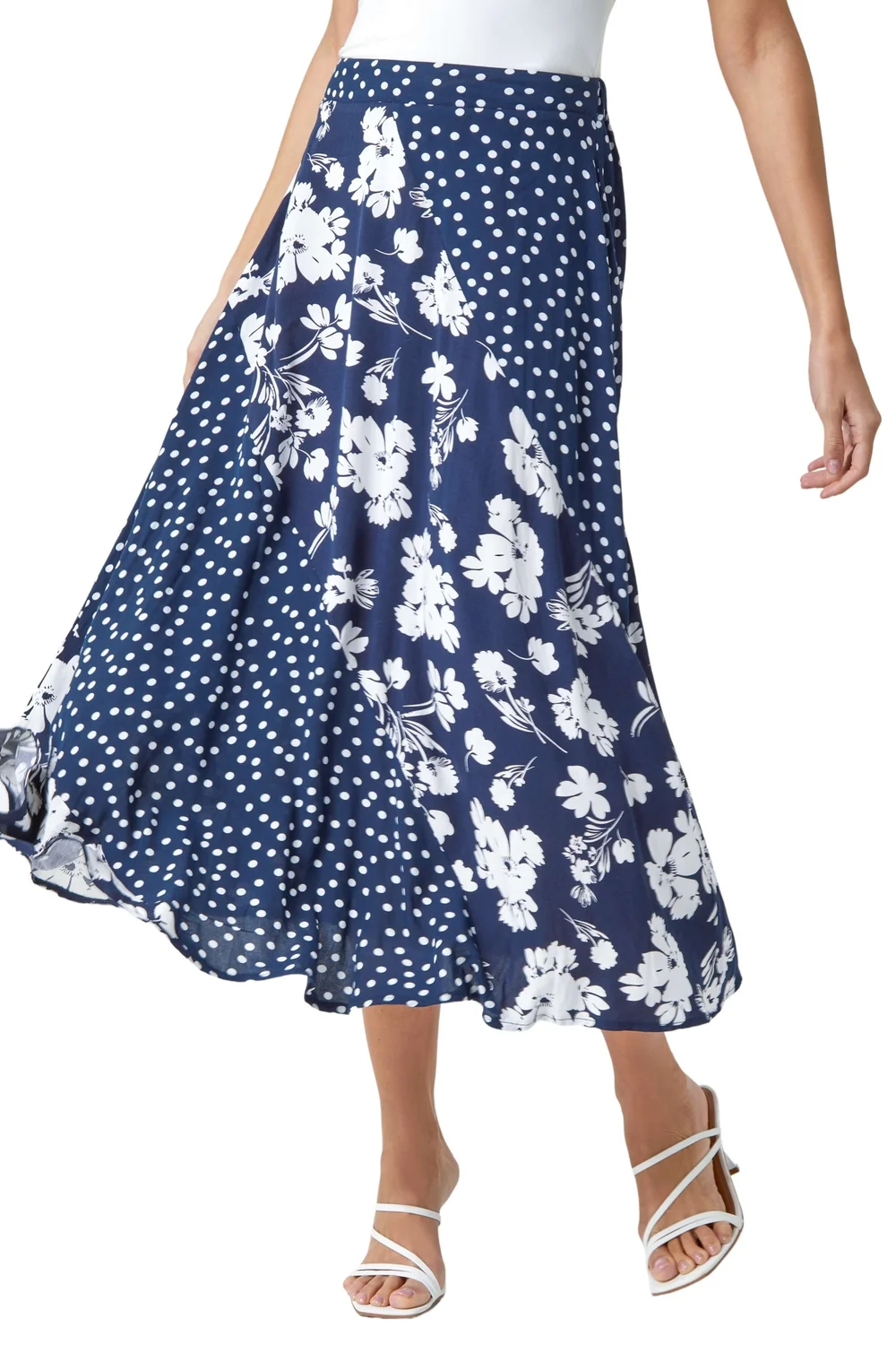 Roman Blue Mixed Floral Spot Print A Line Midi Skirt - Size 10 Image 2