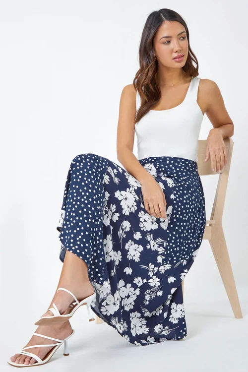 Roman Blue Mixed Floral Spot Print A Line Midi Skirt - Size 10 Image 3