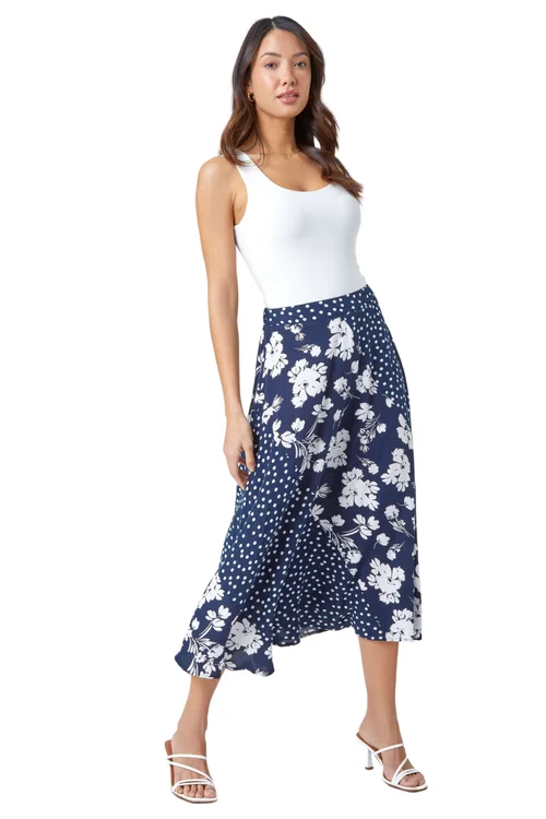 Roman Blue Mixed Floral Spot Print A Line Midi Skirt - Size 10 Image 1